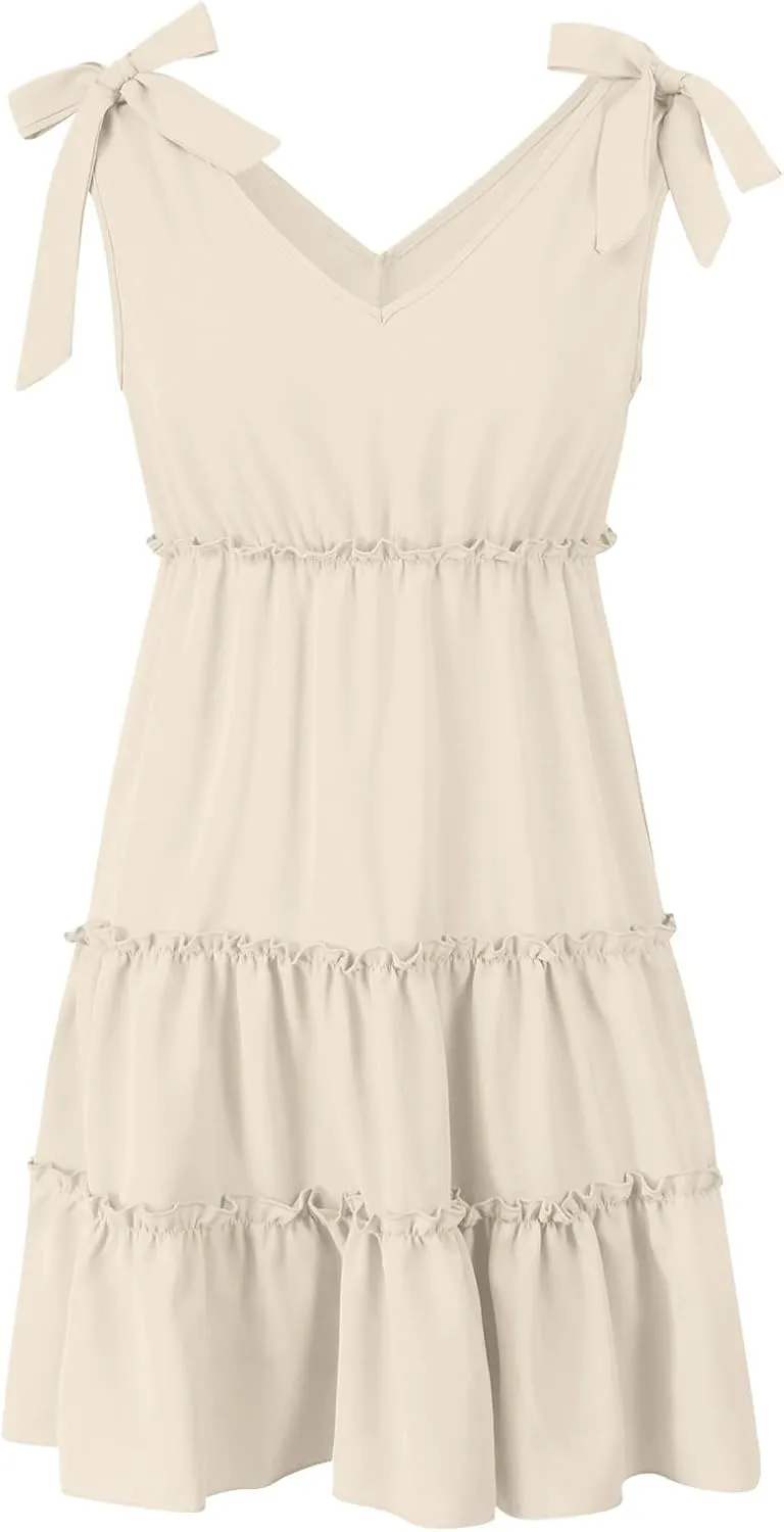 Summer Mini Dresses For Women 2025 Tie Shoulder Sleeveless Loose Fit Sundress Tiered Ruffle Flowy Knee Length Dress