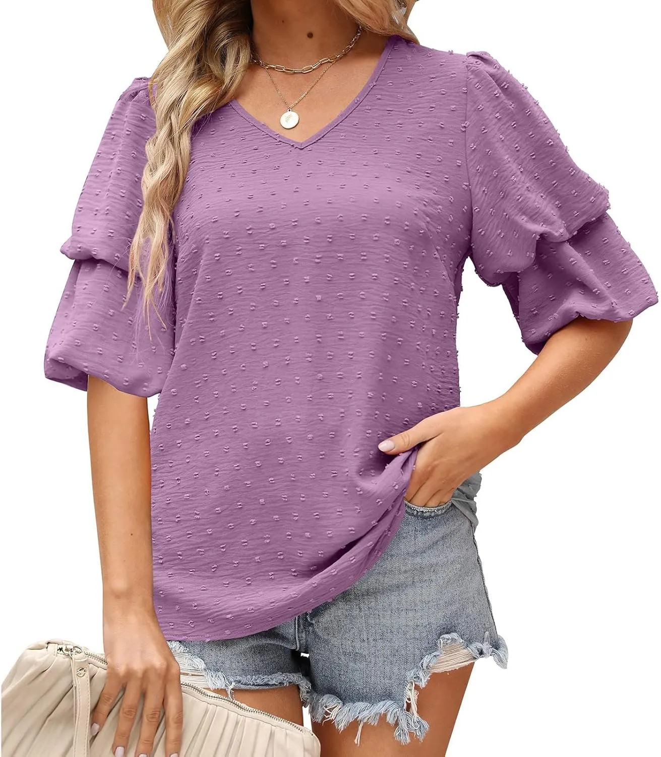 Summer Solid Color Tops Womens Chiffon Tunic V Neck Shirt Long Sleeve Tees Casual Polka Dot Blouse