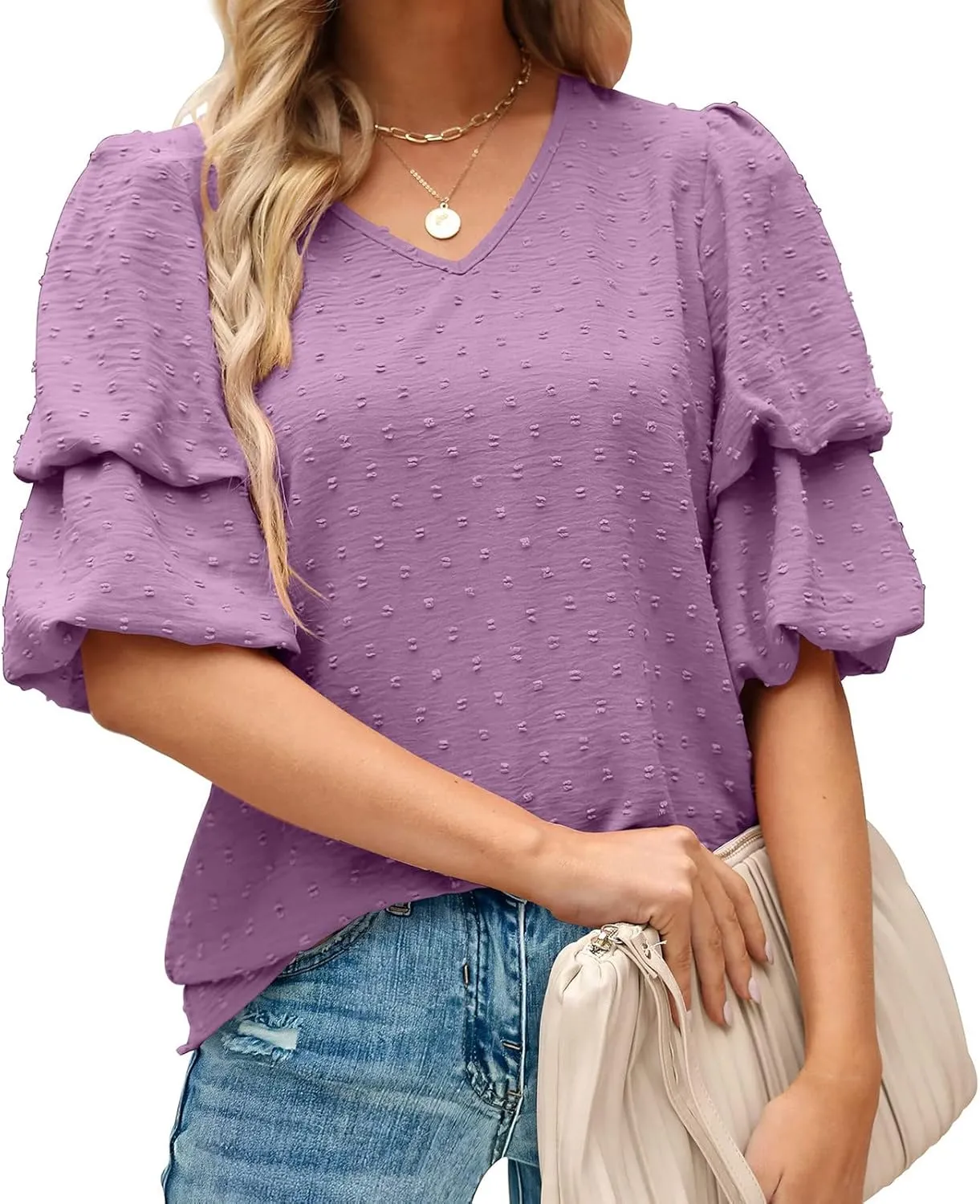 Summer Solid Color Tops Womens Chiffon Tunic V Neck Shirt Long Sleeve Tees Casual Polka Dot Blouse