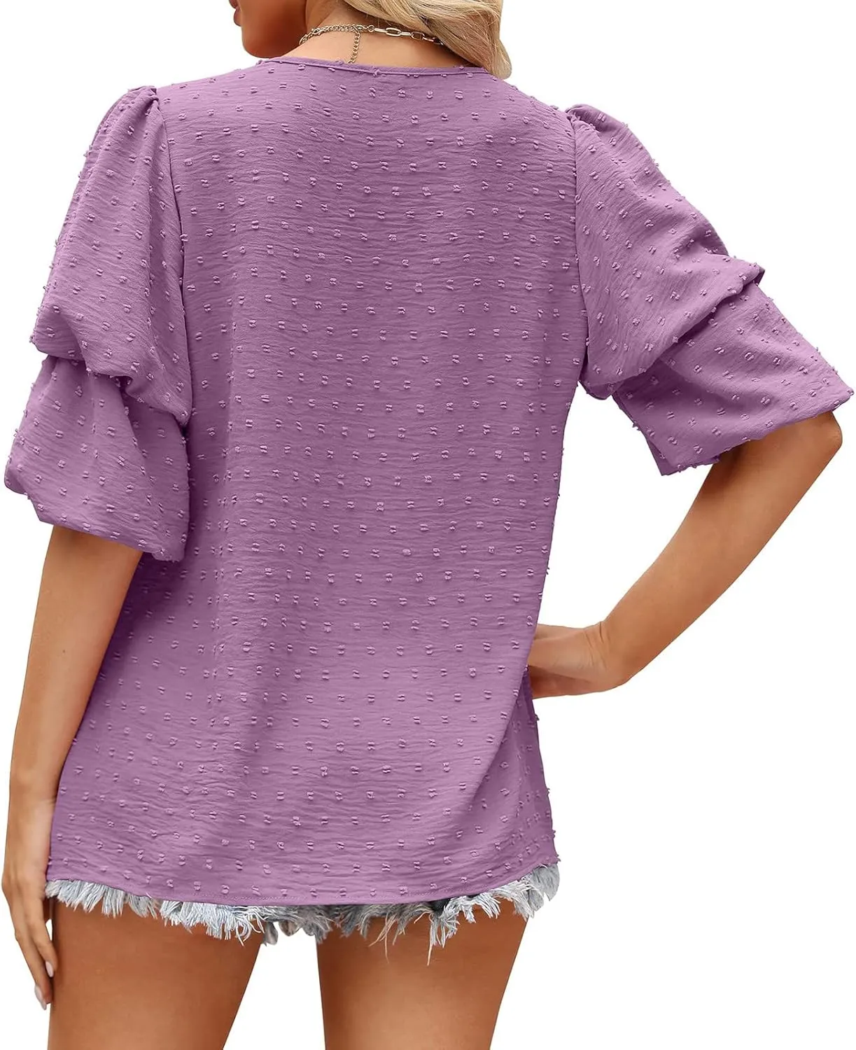 Summer Solid Color Tops Womens Chiffon Tunic V Neck Shirt Long Sleeve Tees Casual Polka Dot Blouse