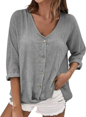 Summer Tops for Women 2025 Trendy Cotton Linen Shirt Casual Button V Neck Tunic Beach Vacation Blouses