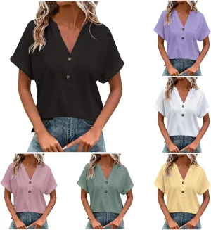 Summer Tops for Women Trendy 2025 Short Sleeve v Neck Eyelet Shirts Dressy Casual Loose Ladies Blouses Going Out
