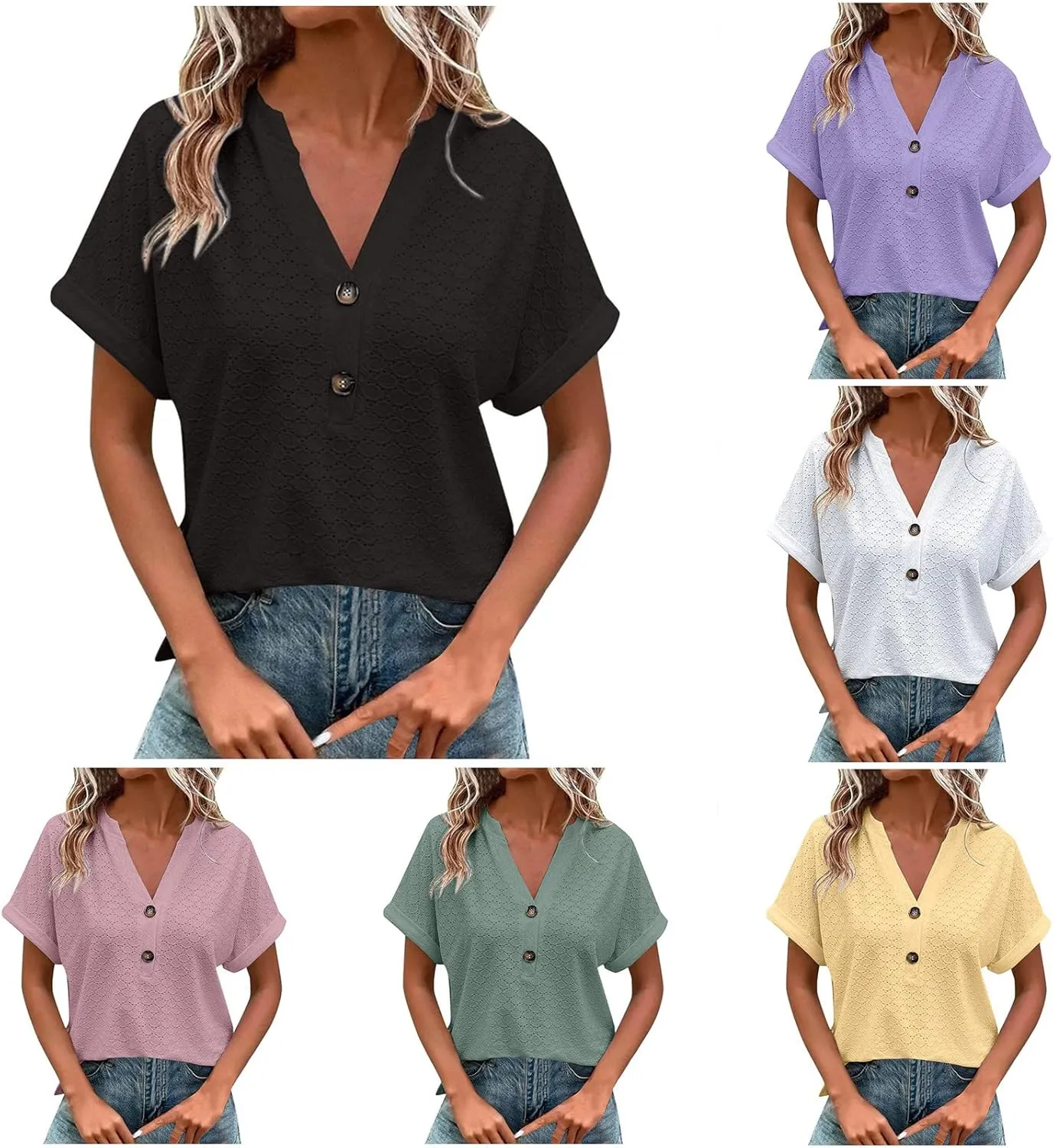 Summer Tops for Women Trendy 2025 Short Sleeve v Neck Eyelet Shirts Dressy Casual Loose Ladies Blouses Going Out