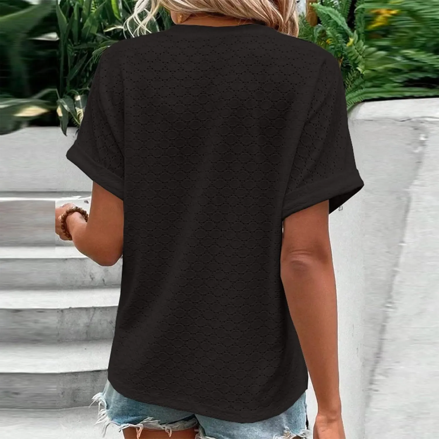 Summer Tops for Women Trendy 2025 Short Sleeve v Neck Eyelet Shirts Dressy Casual Loose Ladies Blouses Going Out