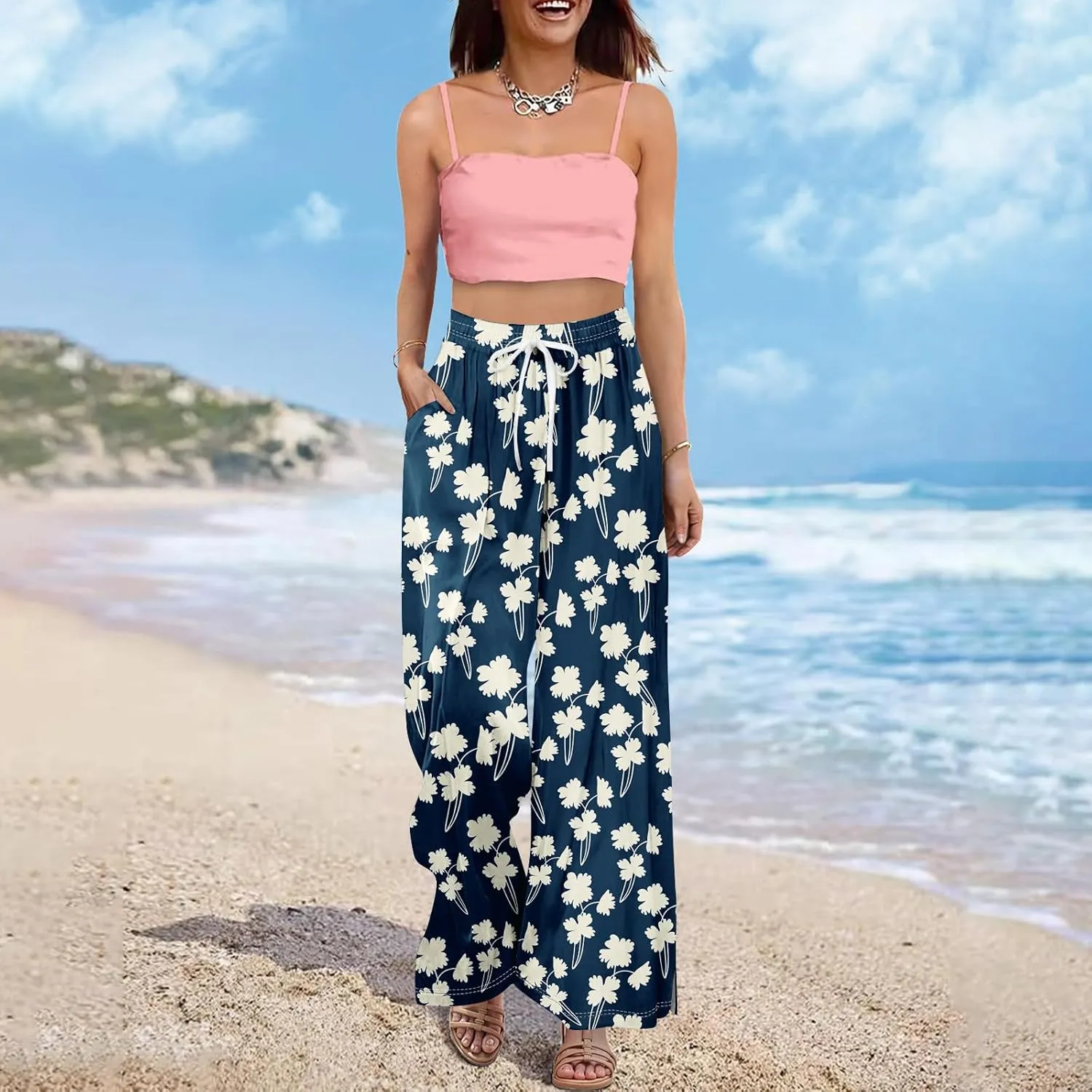 Summer Womens Wide Leg Pants Casual Elastic Waist Drawstring Palazzo Boho Pants Floral Print High Waist Vintage Trousers