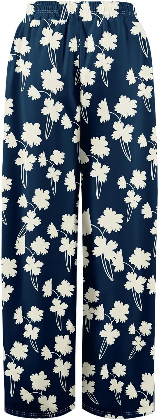Summer Womens Wide Leg Pants Casual Elastic Waist Drawstring Palazzo Boho Pants Floral Print High Waist Vintage Trousers