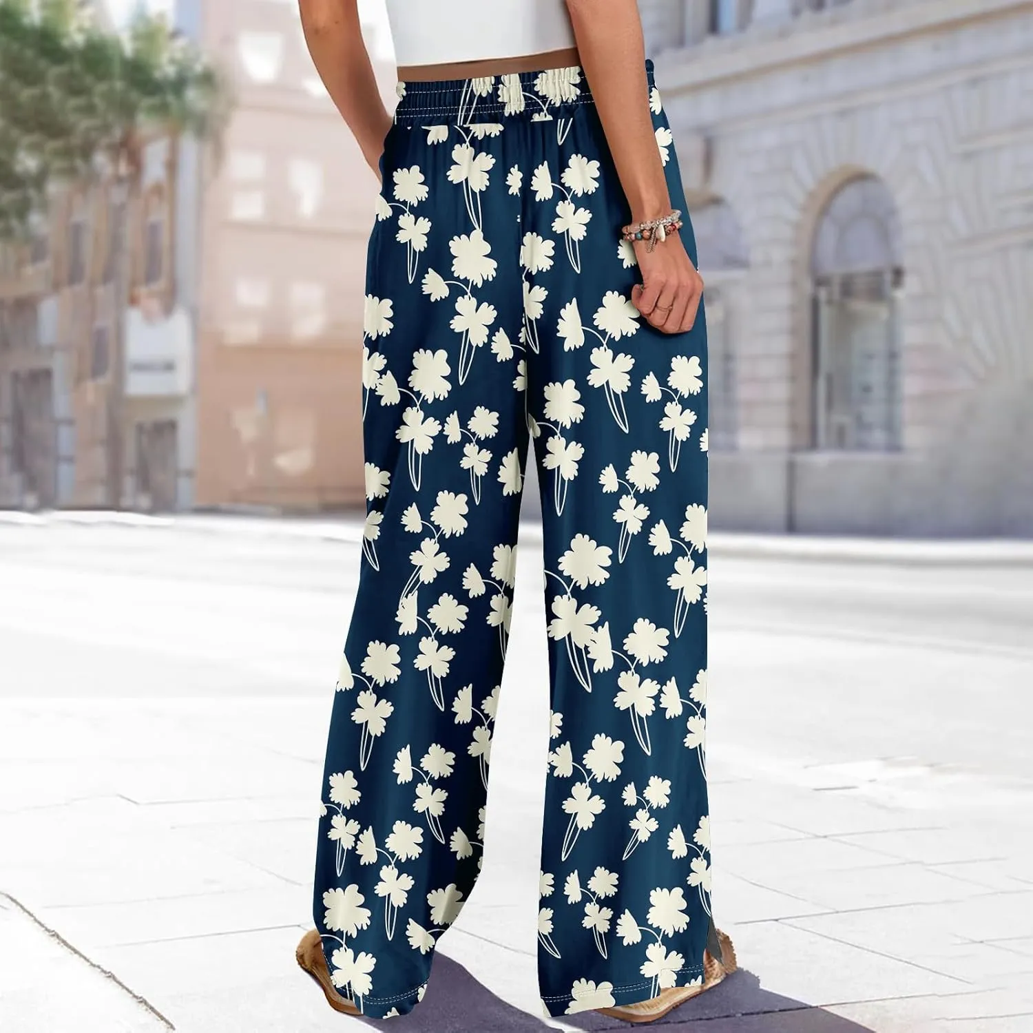 Summer Womens Wide Leg Pants Casual Elastic Waist Drawstring Palazzo Boho Pants Floral Print High Waist Vintage Trousers