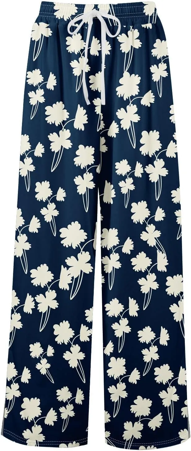 Summer Womens Wide Leg Pants Casual Elastic Waist Drawstring Palazzo Boho Pants Floral Print High Waist Vintage Trousers