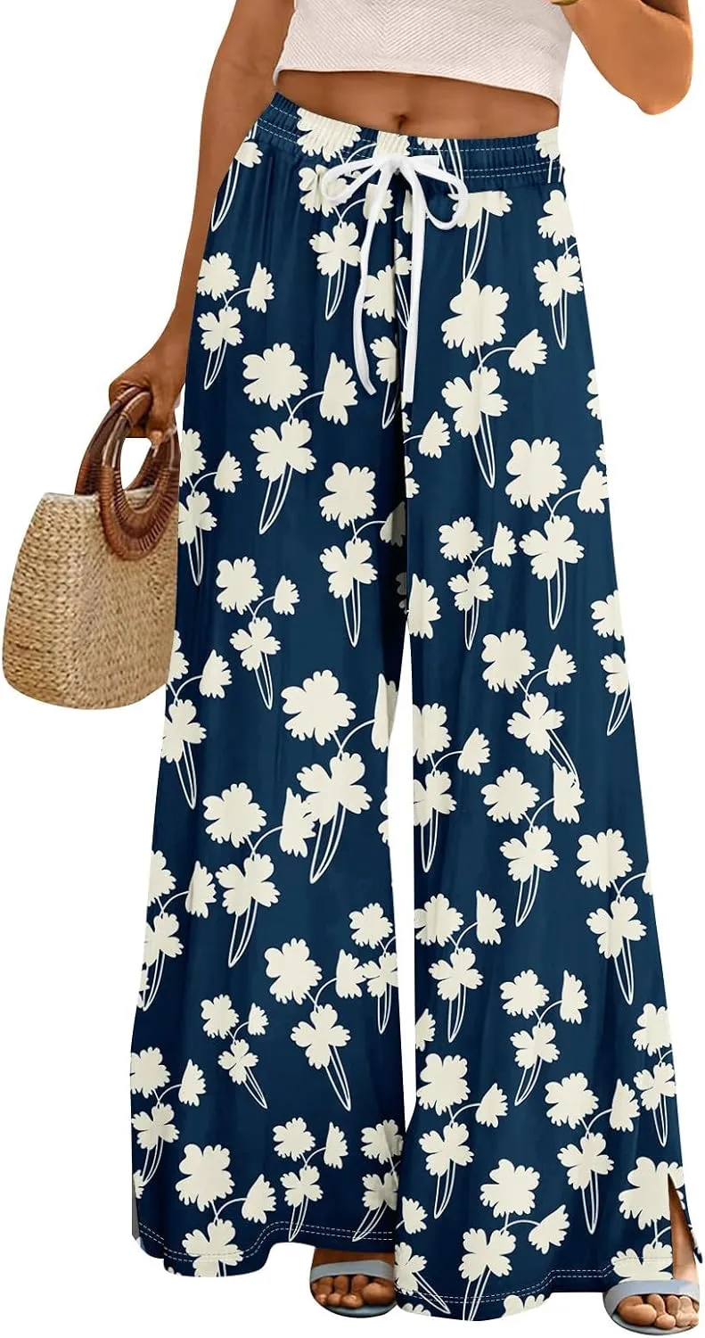 Summer Womens Wide Leg Pants Casual Elastic Waist Drawstring Palazzo Boho Pants Floral Print High Waist Vintage Trousers