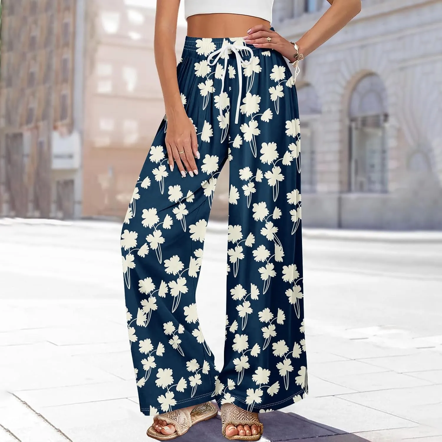 Summer Womens Wide Leg Pants Casual Elastic Waist Drawstring Palazzo Boho Pants Floral Print High Waist Vintage Trousers
