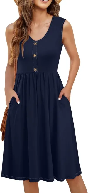 Sundresses for Women 2025 Sleeveless Midi Dress with Pockets V Neck Button Down Summer Dresses for Baech Vacation