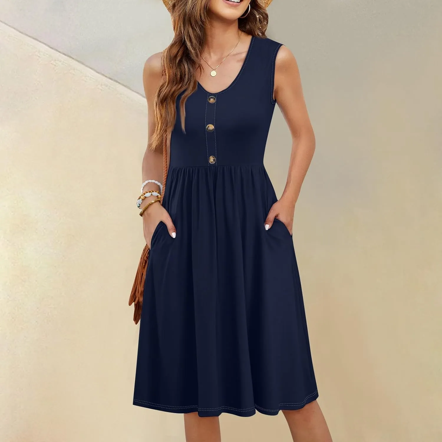 Sundresses for Women 2025 Sleeveless Midi Dress with Pockets V Neck Button Down Summer Dresses for Baech Vacation