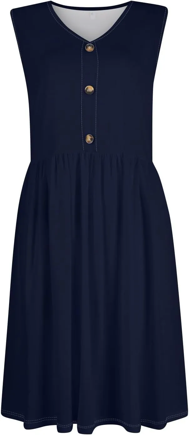 Sundresses for Women 2025 Sleeveless Midi Dress with Pockets V Neck Button Down Summer Dresses for Baech Vacation