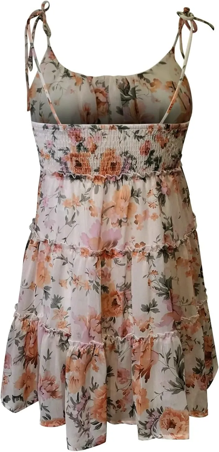 Sundresses for Women 2025 Summer Floral Spaghetti Strap Layered Ruffle Mini Dress Flowy Chiffon Milkmaid Dress