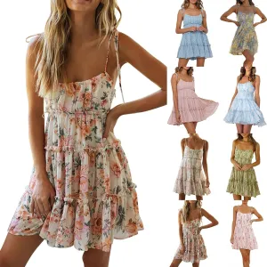 Sundresses for Women 2025 Summer Floral Spaghetti Strap Layered Ruffle Mini Dress Flowy Chiffon Milkmaid Dress