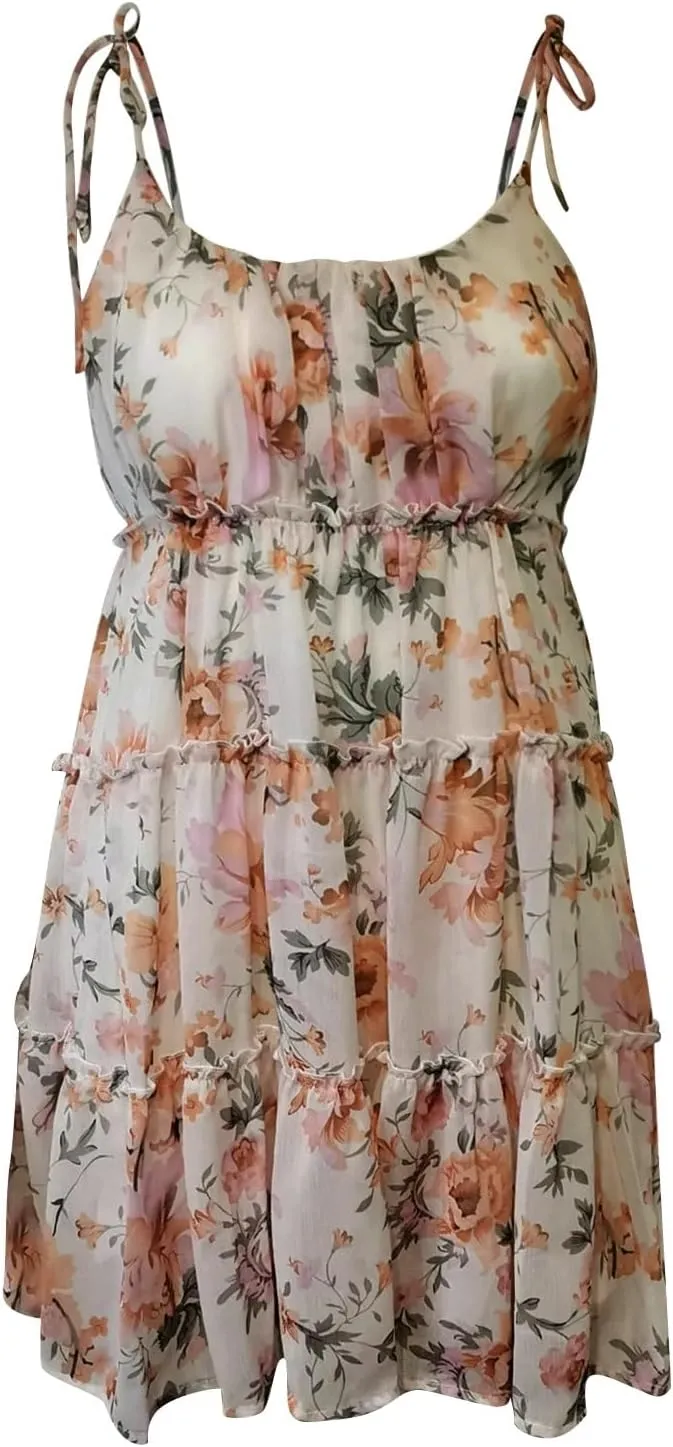 Sundresses for Women 2025 Summer Floral Spaghetti Strap Layered Ruffle Mini Dress Flowy Chiffon Milkmaid Dress