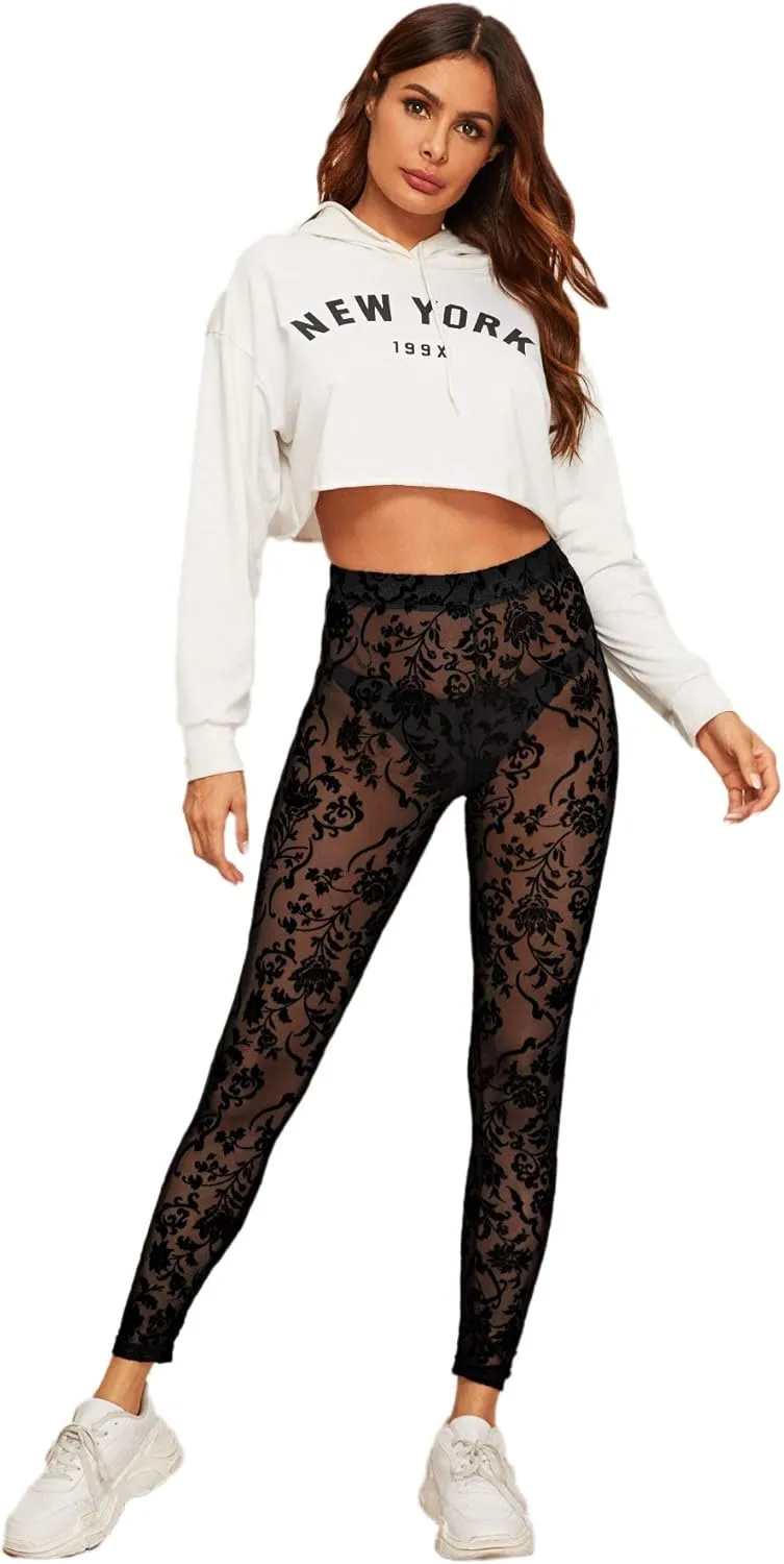 SweatyRocks Women's Floral Sheer Mesh Leggings Stretchy High Waist Pants