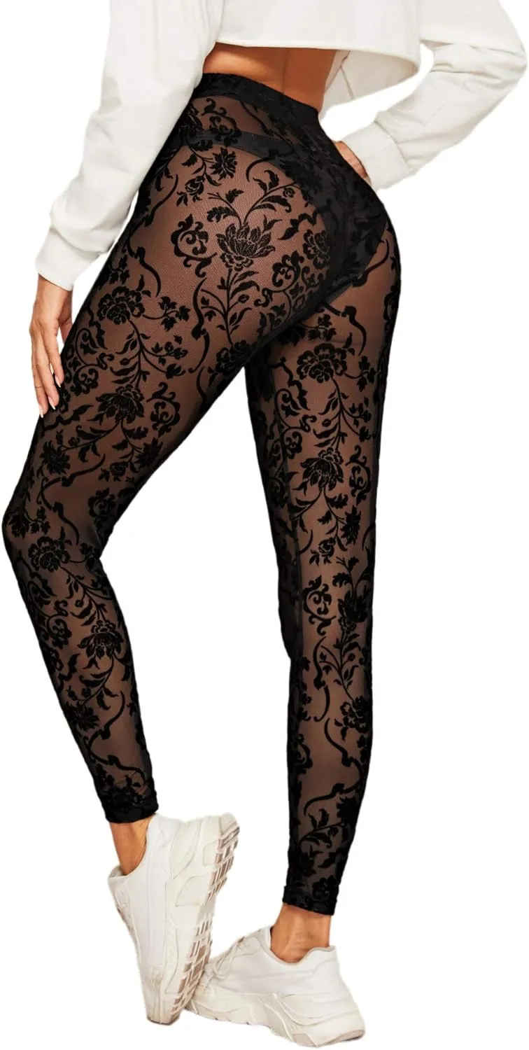 SweatyRocks Women's Floral Sheer Mesh Leggings Stretchy High Waist Pants