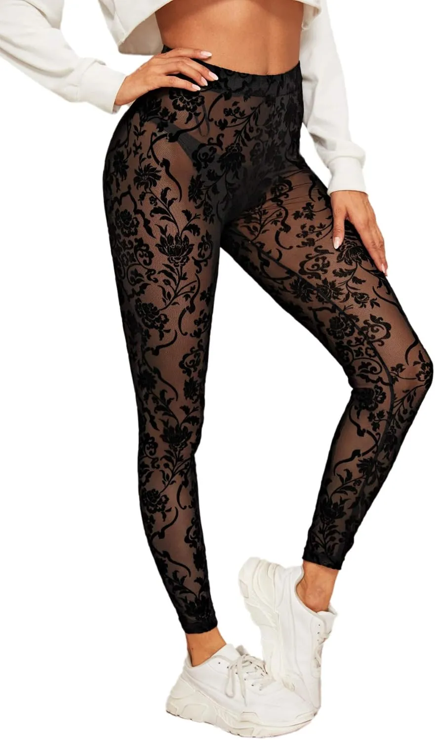 SweatyRocks Women's Floral Sheer Mesh Leggings Stretchy High Waist Pants