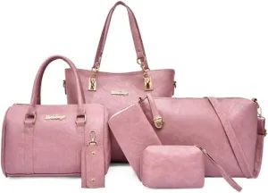 Synthetic PU Leather Tote for Women Satchel Crossbody Hobo 6pcs Handbags Shoulder Wallet Card Nail Clipper Bag-Pink