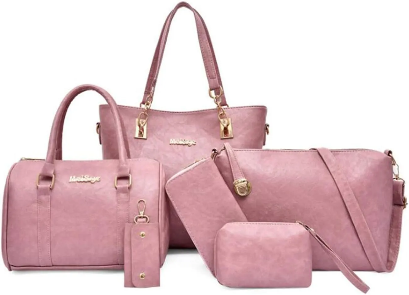 Synthetic PU Leather Tote for Women Satchel Crossbody Hobo 6pcs Handbags Shoulder Wallet Card Nail Clipper Bag-Pink