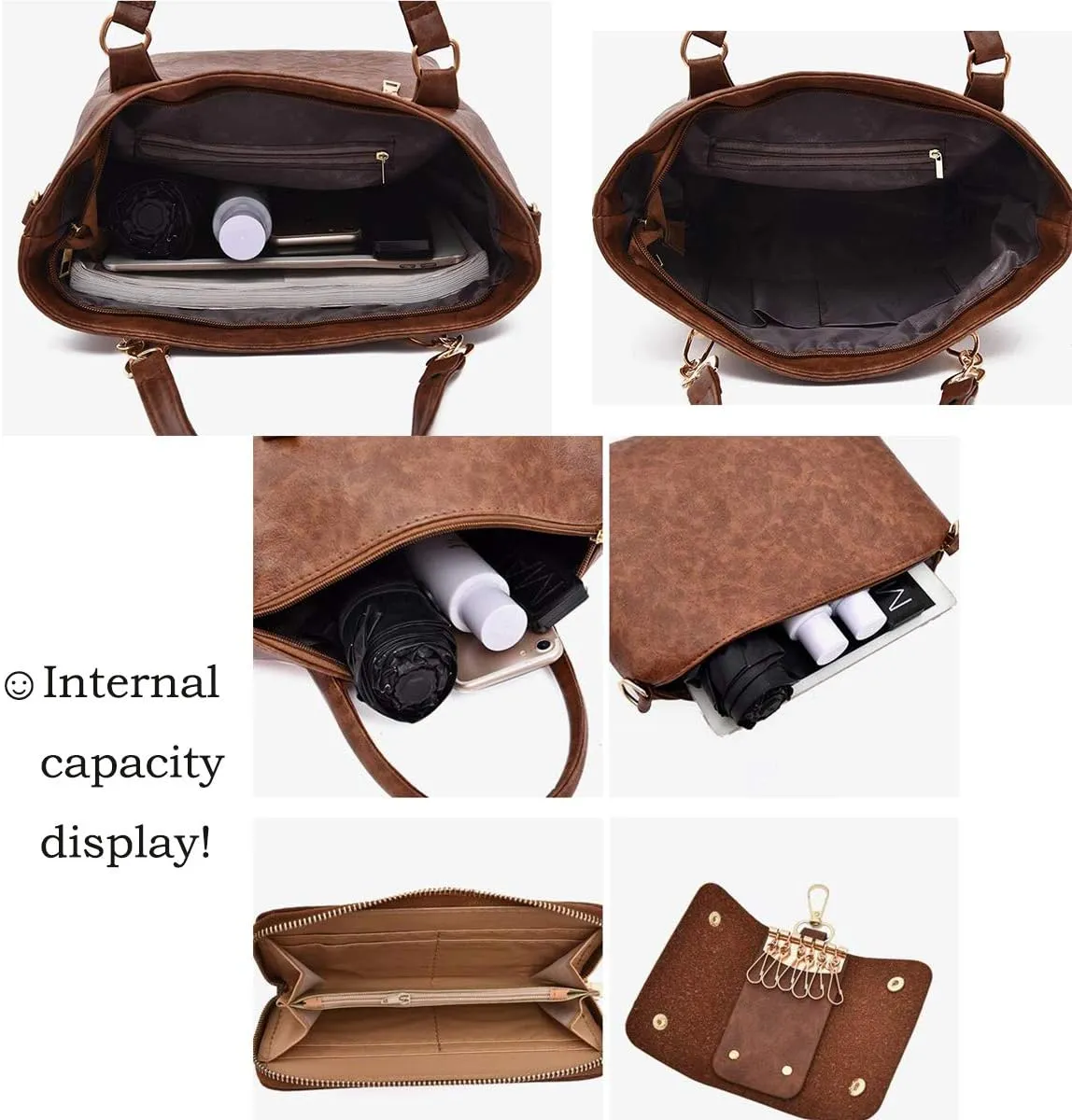 Synthetic PU Leather Tote for Women Satchel Crossbody Hobo 6pcs Handbags Shoulder Wallet Card Nail Clipper Bag-Pink