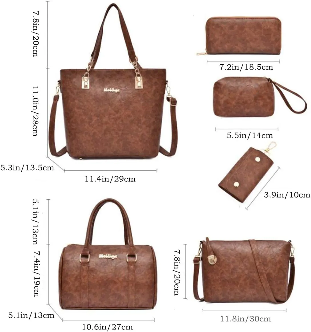 Synthetic PU Leather Tote for Women Satchel Crossbody Hobo 6pcs Handbags Shoulder Wallet Card Nail Clipper Bag-Pink