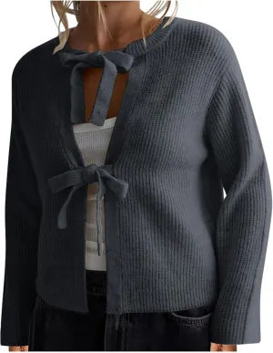 TANGNADE Women's Bow Tie Front Cardigan Sweaters Chunky Knit Long Sleeve Trendy Fall Winter Cropped Outwear Jacket Coats