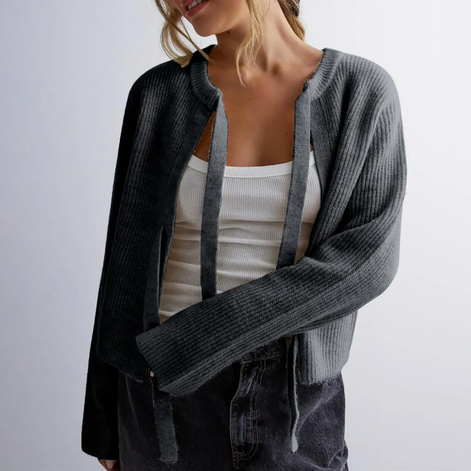 TANGNADE Women's Bow Tie Front Cardigan Sweaters Chunky Knit Long Sleeve Trendy Fall Winter Cropped Outwear Jacket Coats