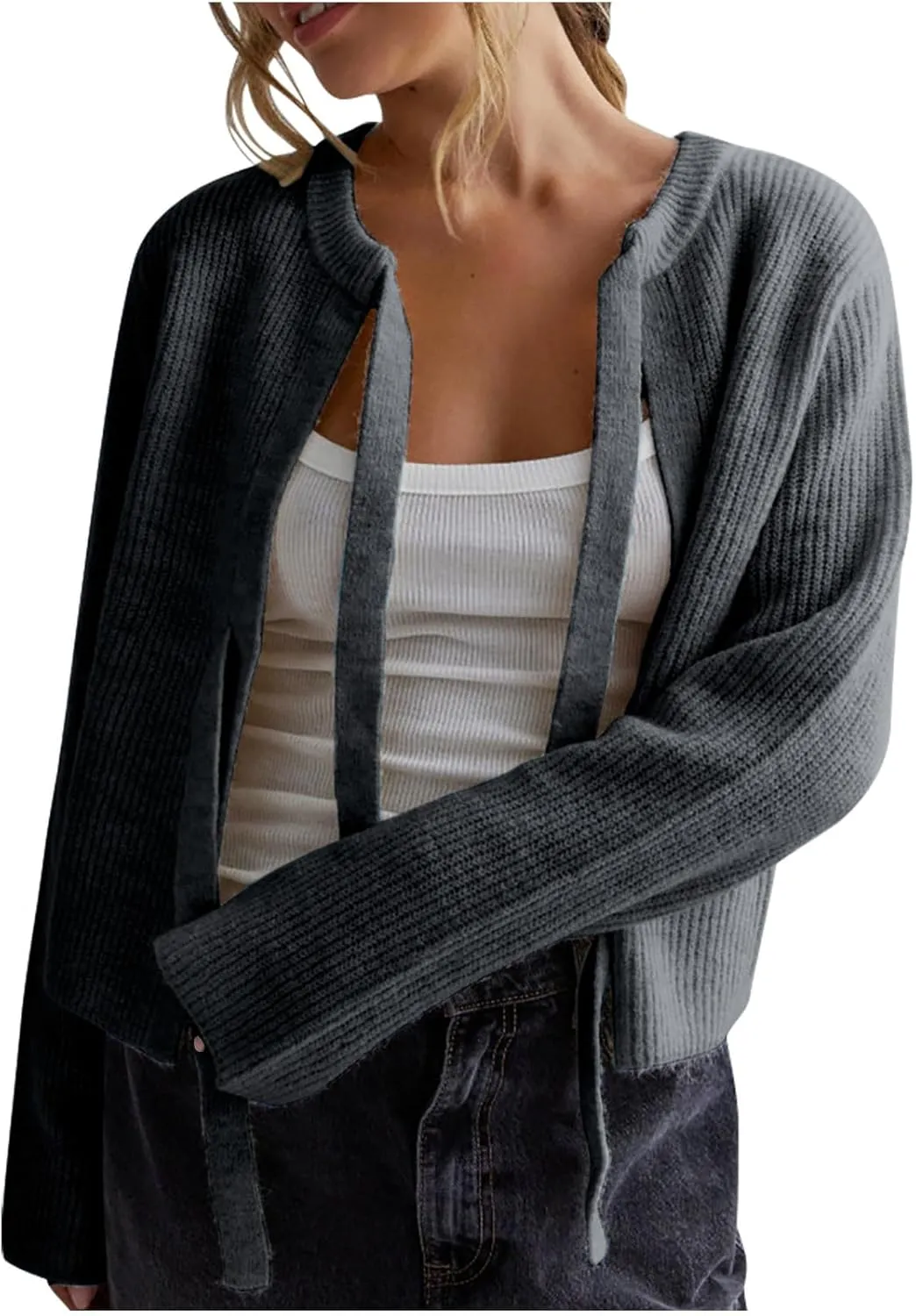 TANGNADE Women's Bow Tie Front Cardigan Sweaters Chunky Knit Long Sleeve Trendy Fall Winter Cropped Outwear Jacket Coats
