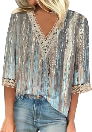 Three Quarter Sleeve Tops Woman Lace Trim V Neck Crochet Tops Boho Hawaiian Shirt, Small-5X-Large
