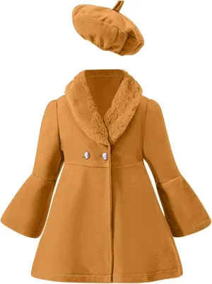 Toddler Kids Girls Trench Jacket Long Sleeve Furry Collar Warm Peacoat with Beret Hat Set for Casual Wear Coat