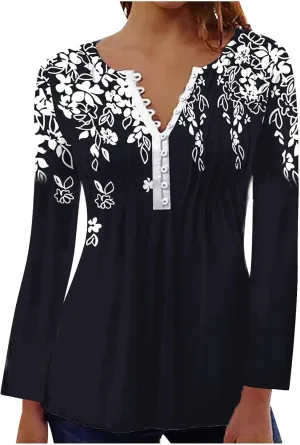 Tops for Women Dressy Casual 2024 Bohemian Floral Print Empire Waist Pleated Tunic Shirt Button Up Loose Comfy Blouse