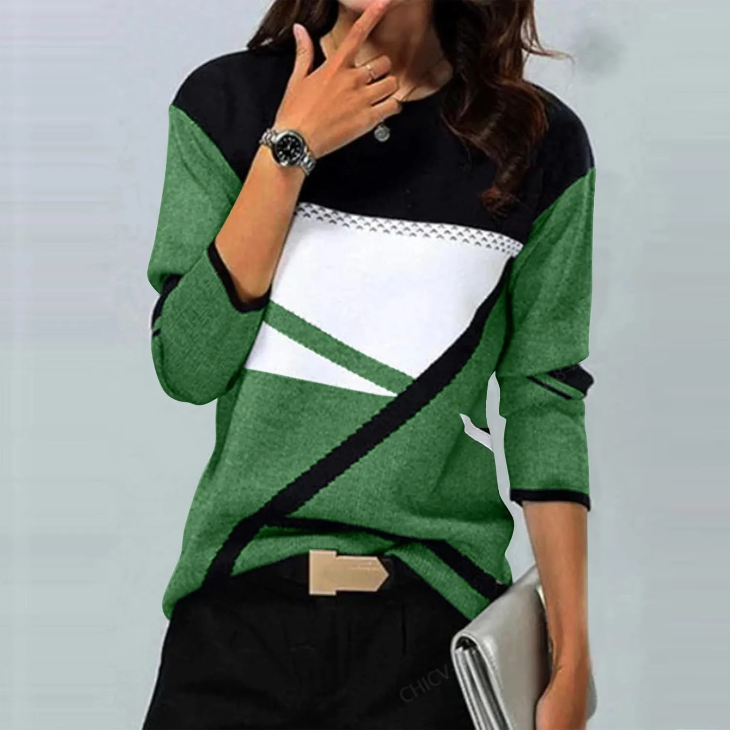 Tops for Women Fall 2024 Color Block Floral Printed Casual Sweatshirts Loose Fashion Round Neck Comfy Pullover Shirts