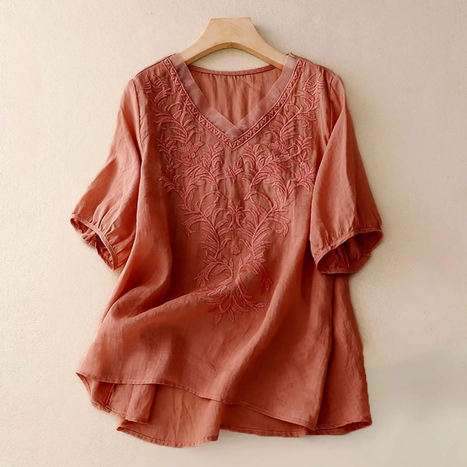 Tops for Women Trendy Summer 2025 Cotton Linen Embroidered T-Shirts Short Sleeve V Neck Blouses Casual Loose Fit Outfits