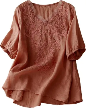 Tops for Women Trendy Summer 2025 Cotton Linen Embroidered T-Shirts Short Sleeve V Neck Blouses Casual Loose Fit Outfits