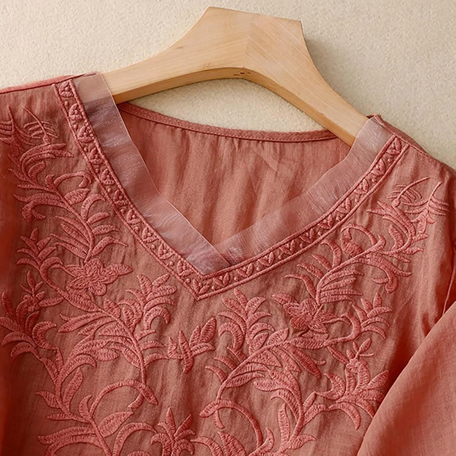 Tops for Women Trendy Summer 2025 Cotton Linen Embroidered T-Shirts Short Sleeve V Neck Blouses Casual Loose Fit Outfits