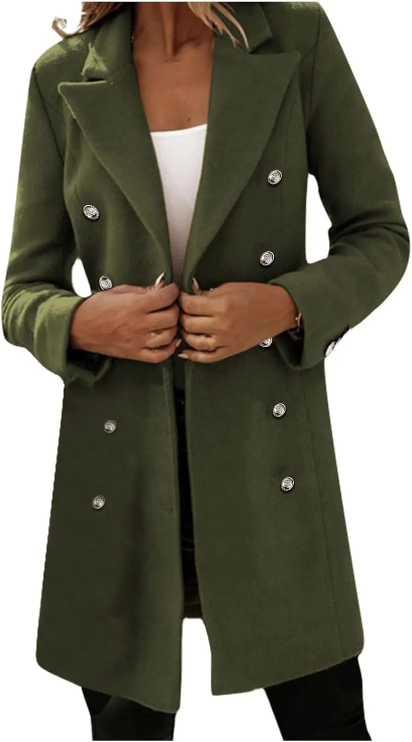 Trench Coat for Women Double Breasted Long Jacket Wool Blend Blazer Oversized Pea Coat Loose Fit Shirts Overcoat