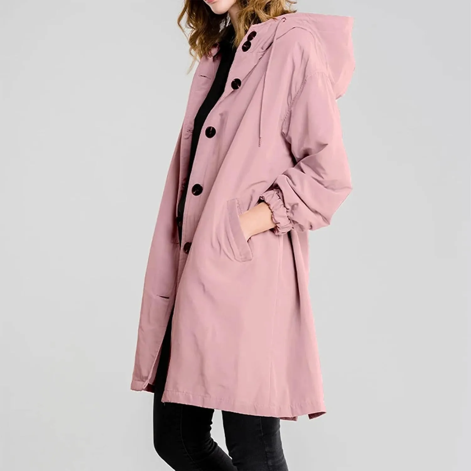 Trench Coats for Women Plus Size Hooded Button Rain Jacket Lightweight Long Windbreaker Outdoor Travel Hiking Overcoat