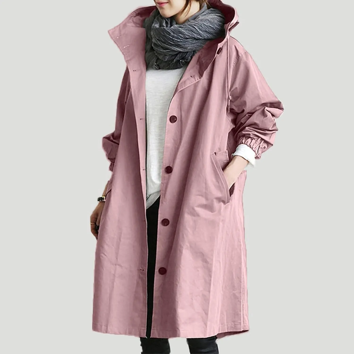 Trench Coats for Women Plus Size Hooded Button Rain Jacket Lightweight Long Windbreaker Outdoor Travel Hiking Overcoat