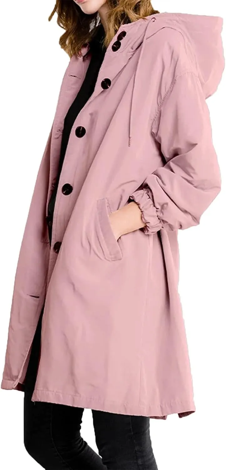 Trench Coats for Women Plus Size Hooded Button Rain Jacket Lightweight Long Windbreaker Outdoor Travel Hiking Overcoat