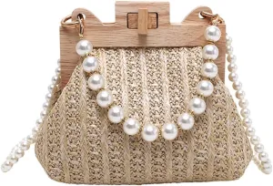 Trendy Crossbody Bag For Women Shelled Clutch Purse Exquisite Straw Shoulder Bag with Pearls and Wood Accents Wedding 2025