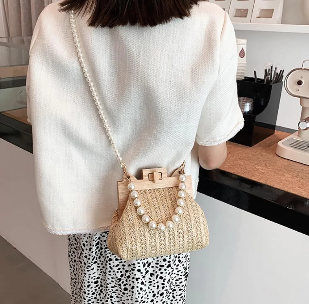 Trendy Crossbody Bag For Women Shelled Clutch Purse Exquisite Straw Shoulder Bag with Pearls and Wood Accents Wedding 2025