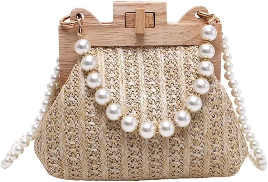 Trendy Crossbody Bag For Women Shelled Clutch Purse Exquisite Straw Shoulder Bag with Pearls and Wood Accents Wedding 2025