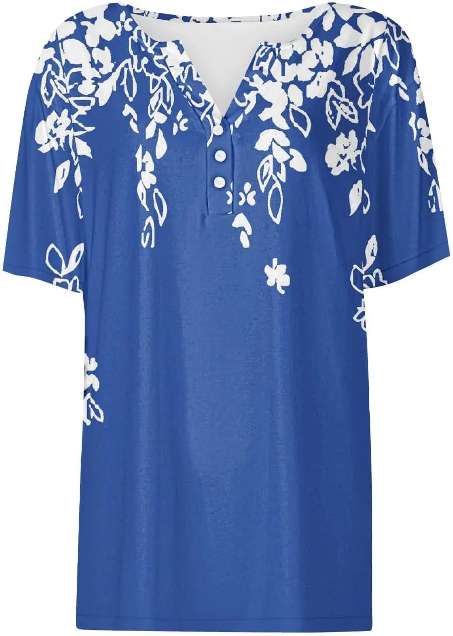 Trendy Summer Tops for Women 2024 Boho Floral Print Tunic Shirts Casual Short Sleeve Button v Neck Henley Blouses