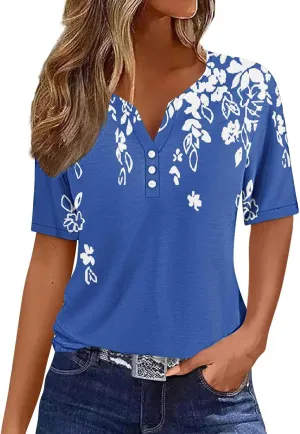 Trendy Summer Tops for Women 2024 Boho Floral Print Tunic Shirts Casual Short Sleeve Button v Neck Henley Blouses