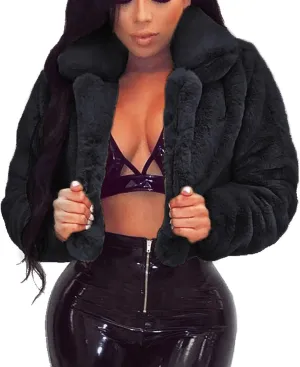 Trendy Winter Coats for Women 2023 Warm Faux Fur Jackets Solid Fleece Turn-Down Collar Outerwear Crop
