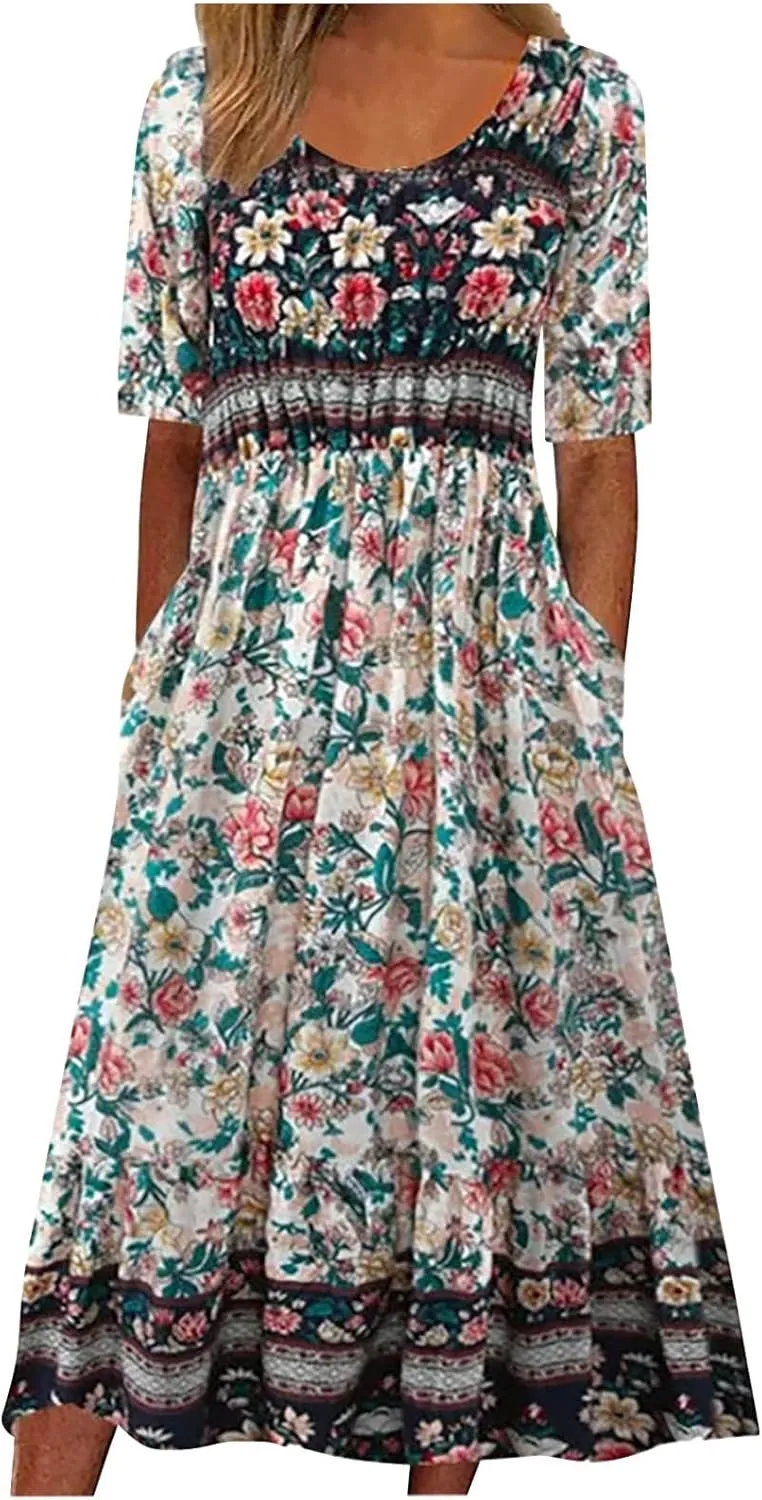 Tshirt Dress for Women 2025 Casual Plus Size Summer Midi Dress Boho Floral Print Loose Flowy Long Dresses with Pockets