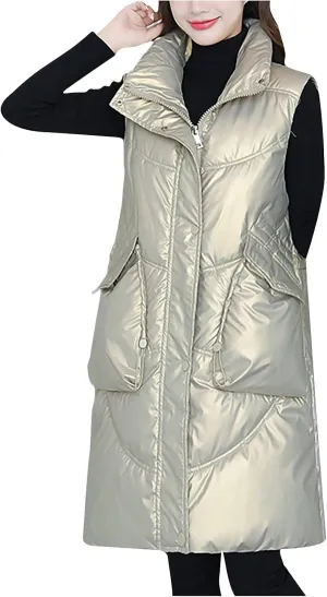 tuduoms Women Vest Hooded Lightweight Zip Quilted Puffer Vest Teen Girls Warm Winter Cotton Padded Long Vest Gilet Waistcoat