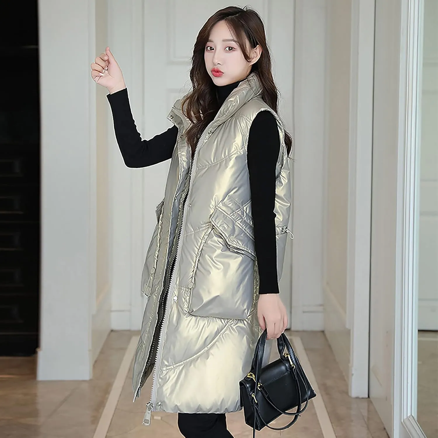 tuduoms Women Vest Hooded Lightweight Zip Quilted Puffer Vest Teen Girls Warm Winter Cotton Padded Long Vest Gilet Waistcoat